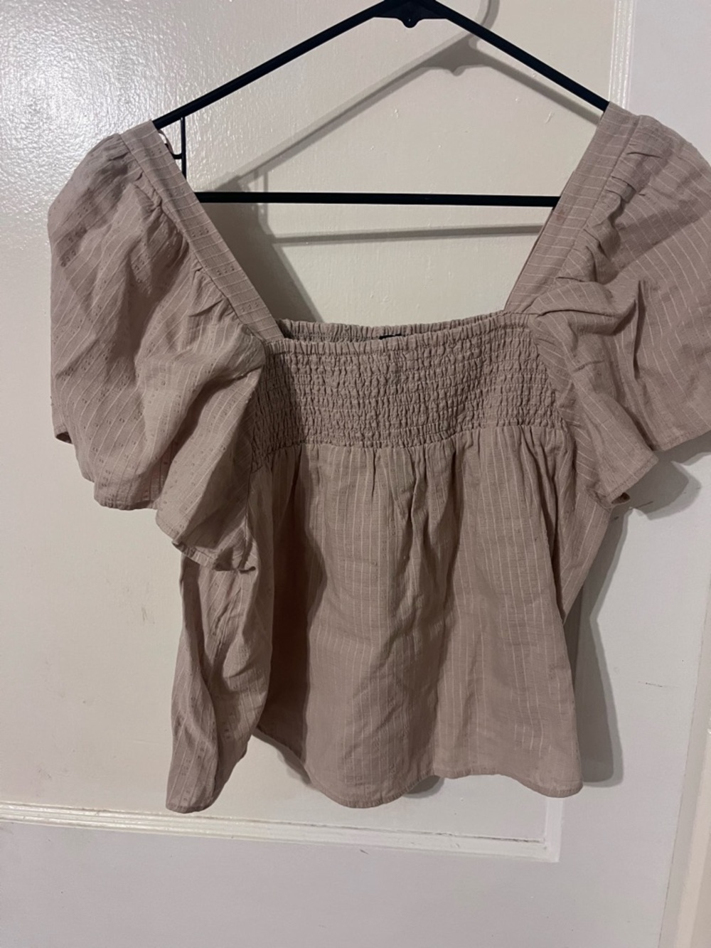 Smocked Square-Neck Puff Sleeve Top - Taupe